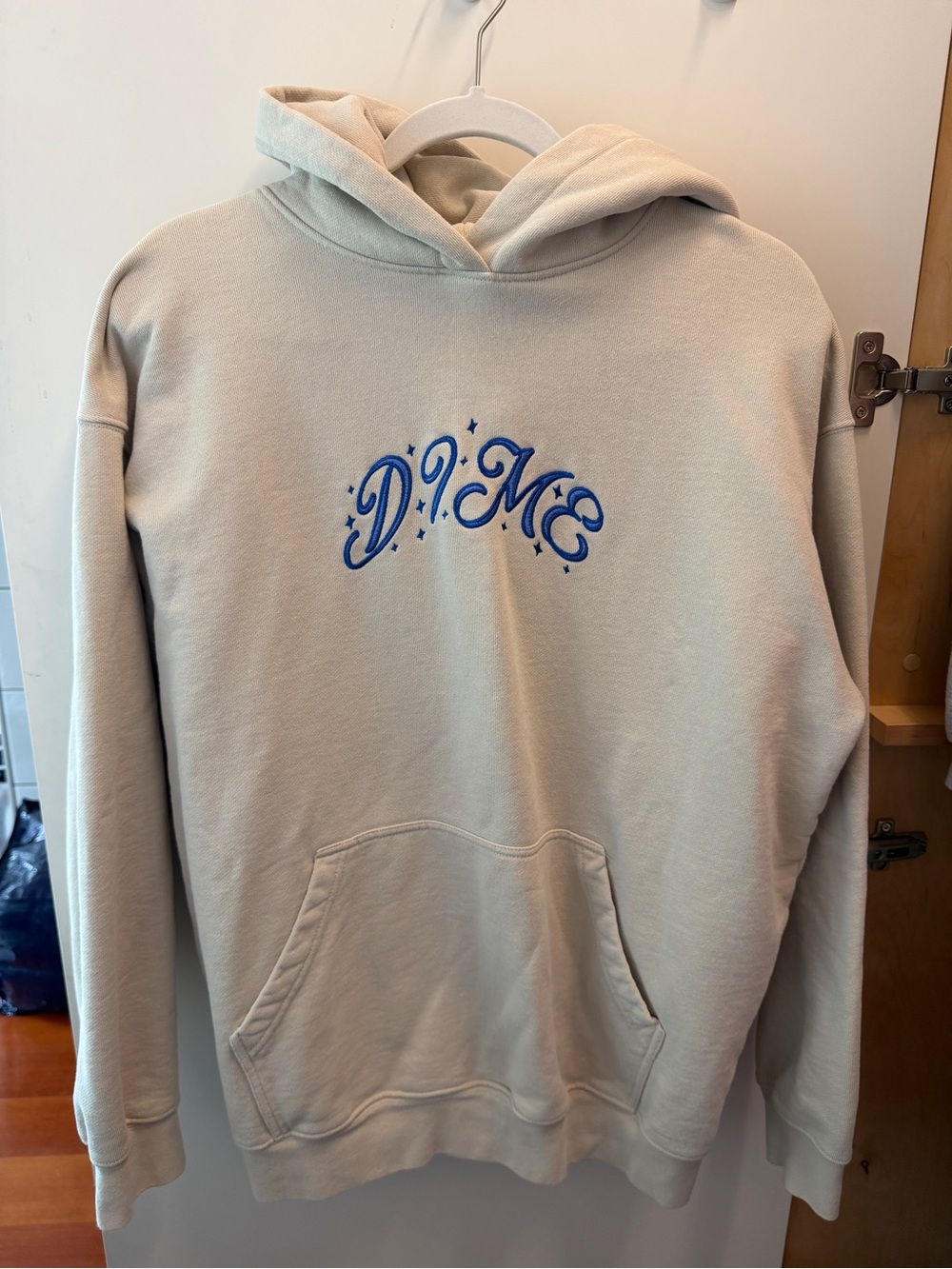 DIME Cream Hoodie with Blue Embroidered Logo